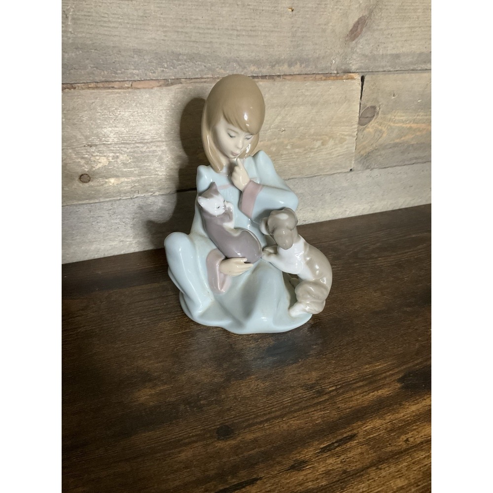 Cat Nap by Lladro, 1990 Girl with napping cat and puppy, #5640, Glazed, Spain